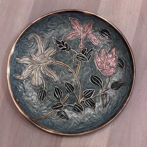 Vintage brass plate with enamel flowers